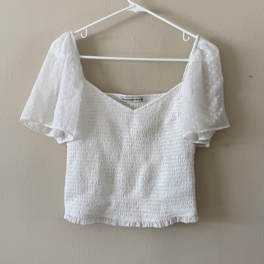 Abercrombie & Fitch White Smocked Puff Sleeve Blouse